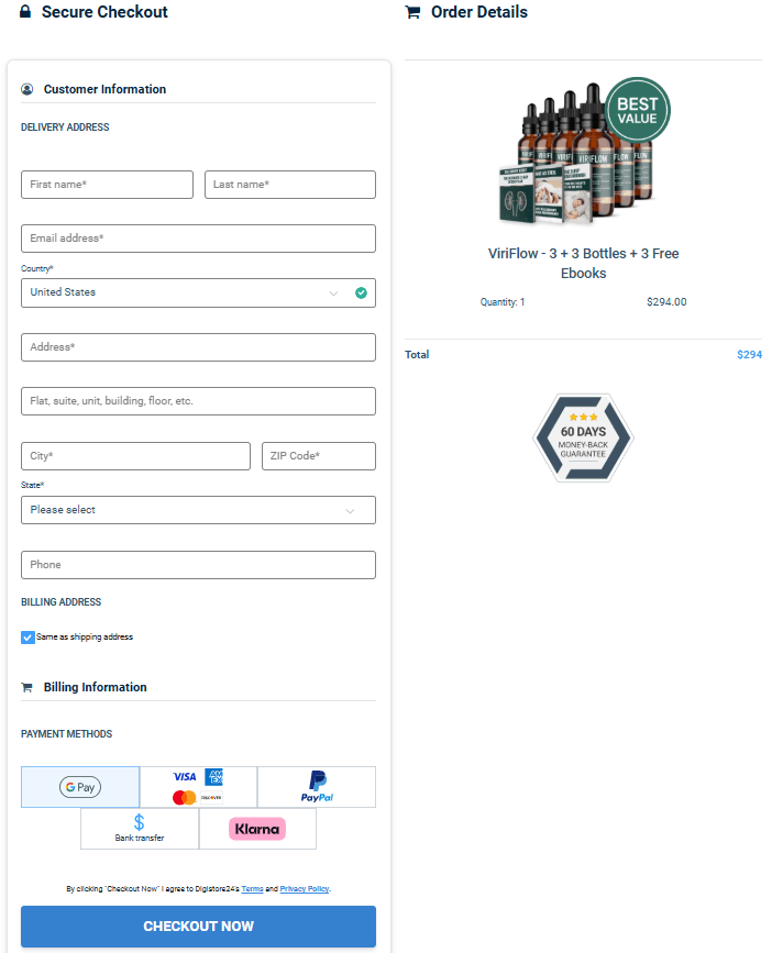 ViriFlow Offer checkout form